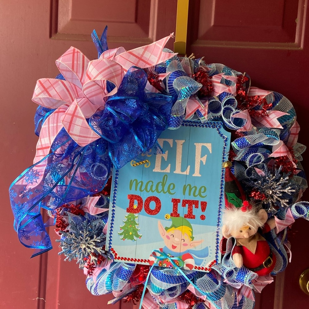 SOLD--------14” Holliday wreath “the elf made me do it” handcrafted by myself